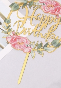 Cake Topper - Happy Birthday - Gold Flowers